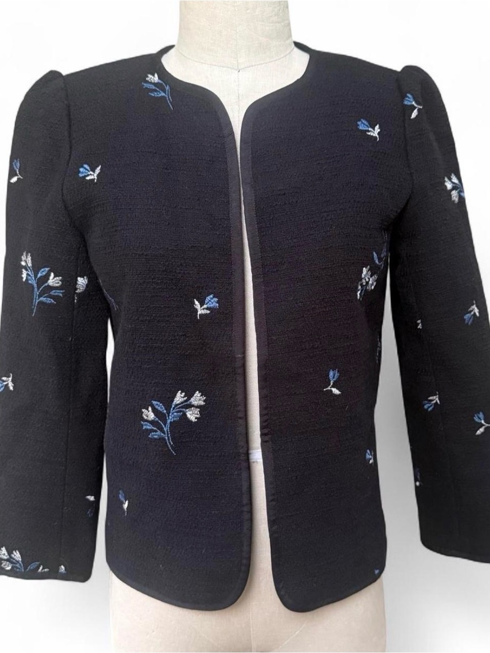 Black cotton Bouclé open jacket floral embroidery NWOT cottage feminine lined